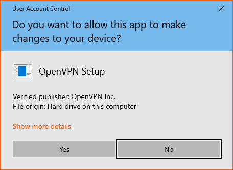 Check the publisher: OpenVPN Inc., then press 'Yes'.