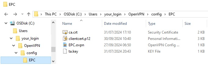 OpenVPN user configuration directory content, contains 4 files: your personalized certificate, the certification authority file, the tunnel privacy key, and your client configuration file.